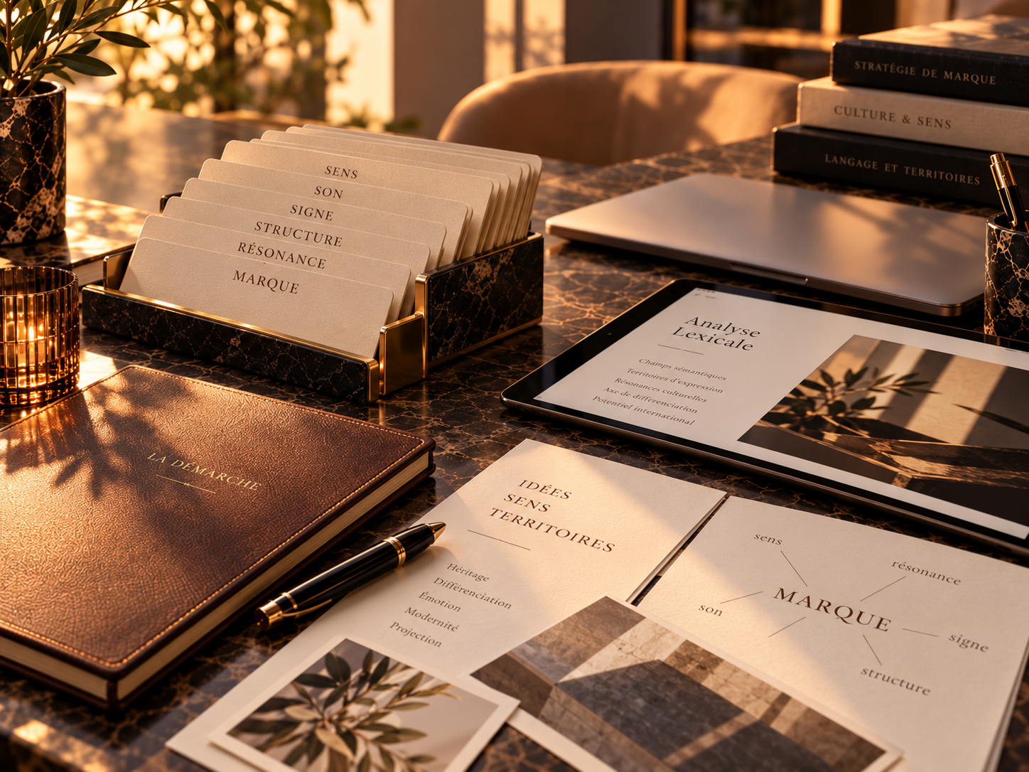 Espace créatif pour le branding : fiches lexicales, analyse et cahier La Démarche.