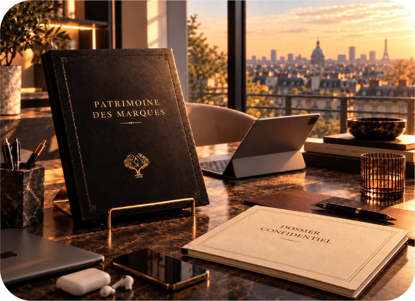 Livre Patrimoine des Marques devant une vue de Paris au coucher du soleil, dans un bureau contemporain.