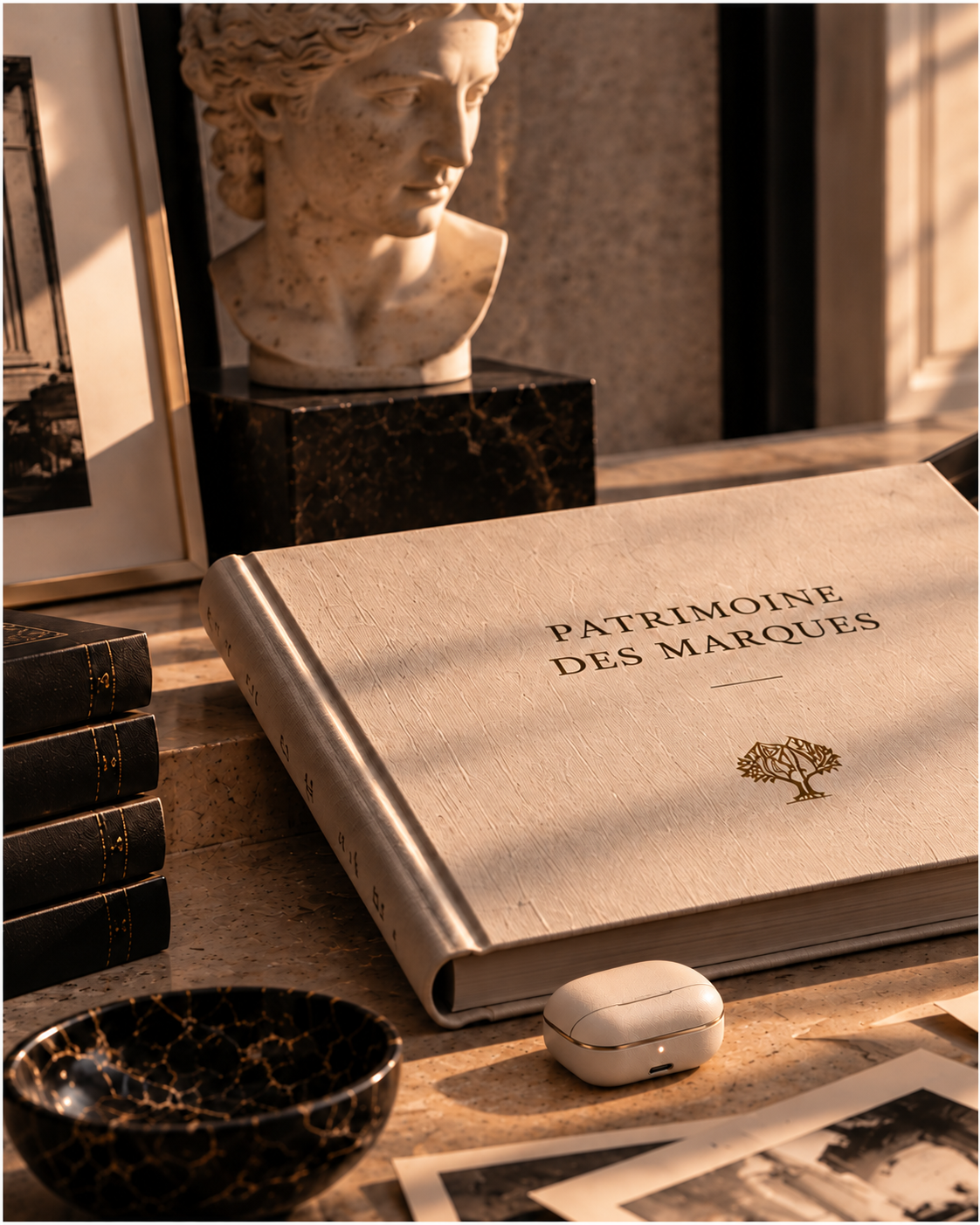 Grand livre blanc Patrimoine des Marques entouré de documents, entre héritage et modernité.