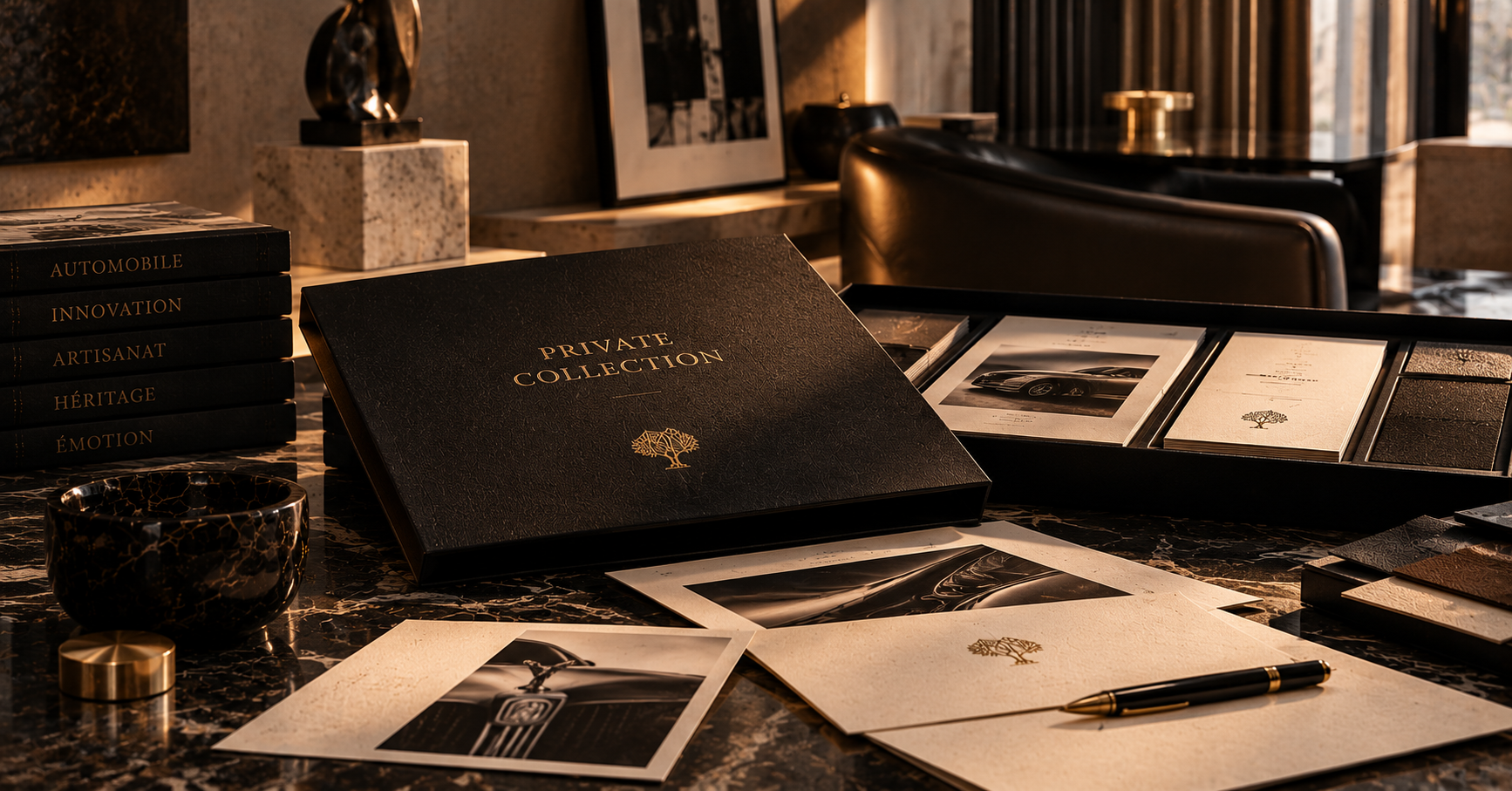 Coffret Private Collection et documents confidentiels dans un décor éditorial raffiné.